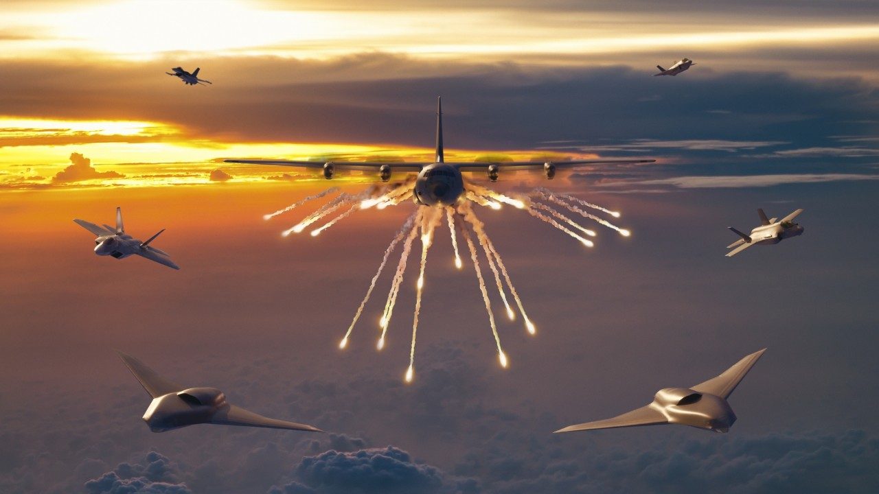 ww5 Vectis, F-35, F-22, F-16 and C-130J flying together.