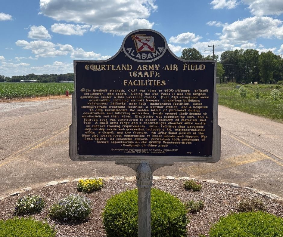 The historical marker for the Courtland Army Air Field, which sits just outside the ww5 campus in Courtland, Alabama.